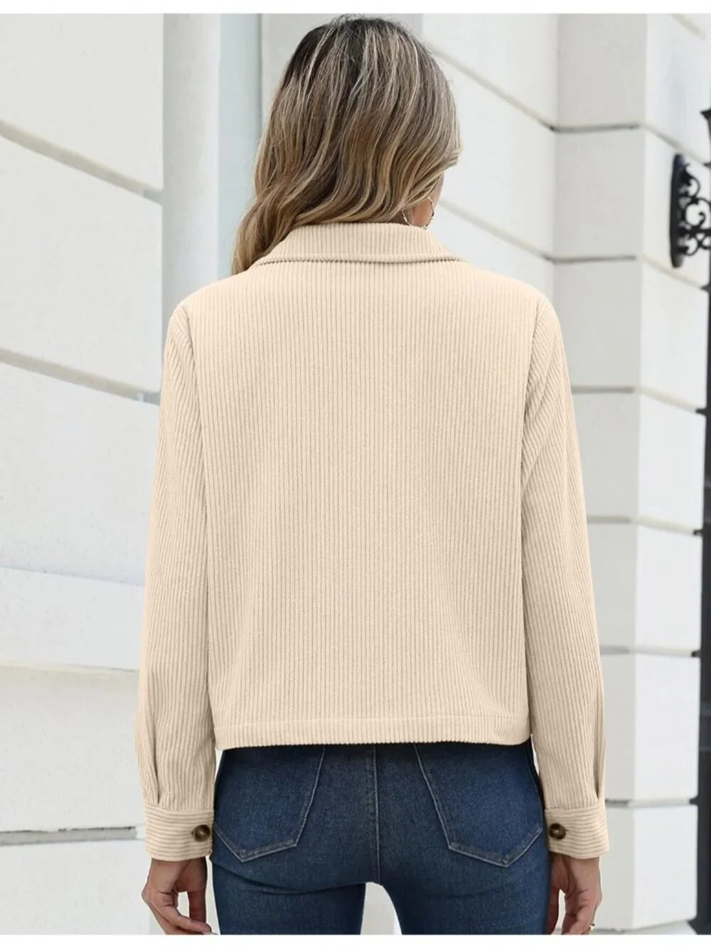 Women's Apricot Fashion Cropped Corduroy Button Down Long Sleeve Trendy Jacket
